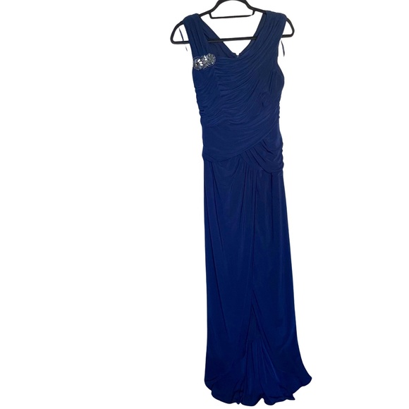 Adrianna Papell Women's Evening Gown Navy Blue Shirred Beaded Sleeveless Sz 10 - Picture 1 of 15